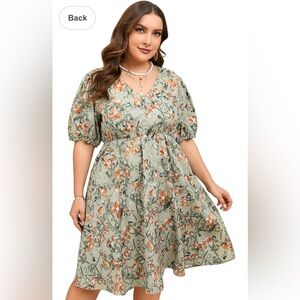 ShopWonder Plus Size Women's Floral Print Puff Short Sleeve Dress V Neck
